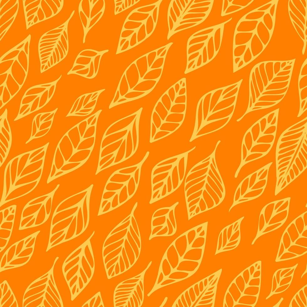 Seamless pattern hand drawn vector orange, yellow autumn leaf background. Print with leaves for Thanksgiving. Line nature ornament for fabric, wrapping and textile. Scrapbook, wallpaper, paper.