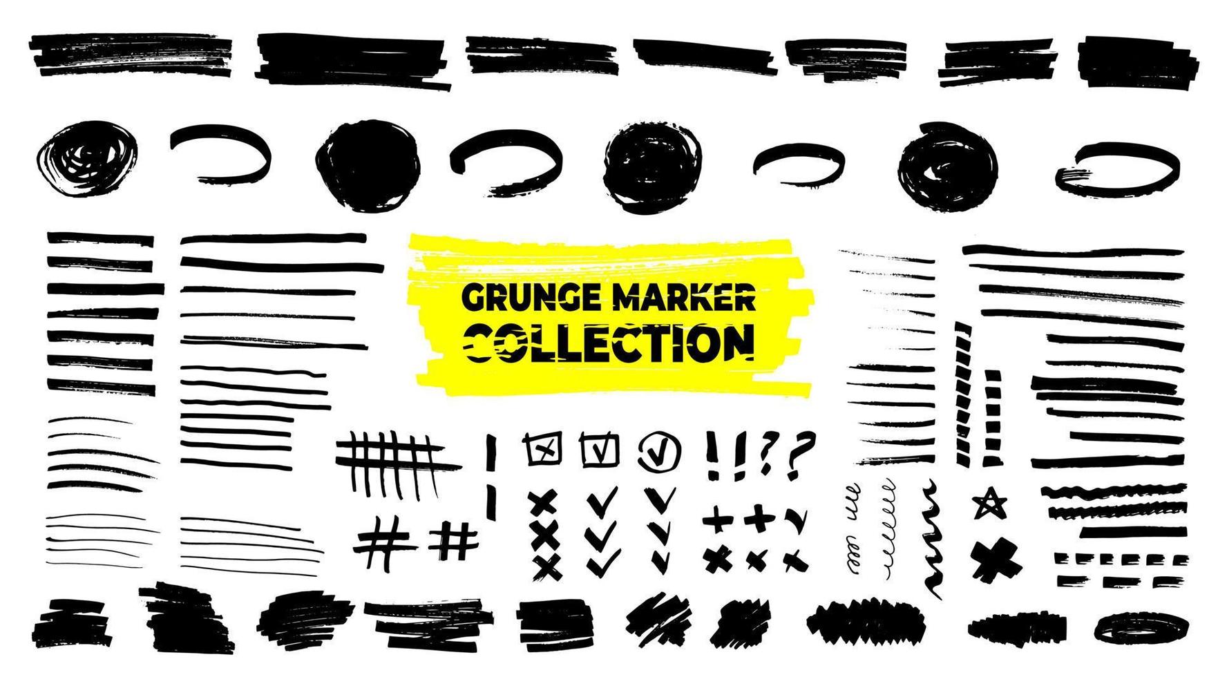 Big set of grunge roughly torn shapes. Marker highlighter collection. Vector background. Edge frames bundle. Distressed strokes, spots, borders and dividers. Hand drawn doodle design elements