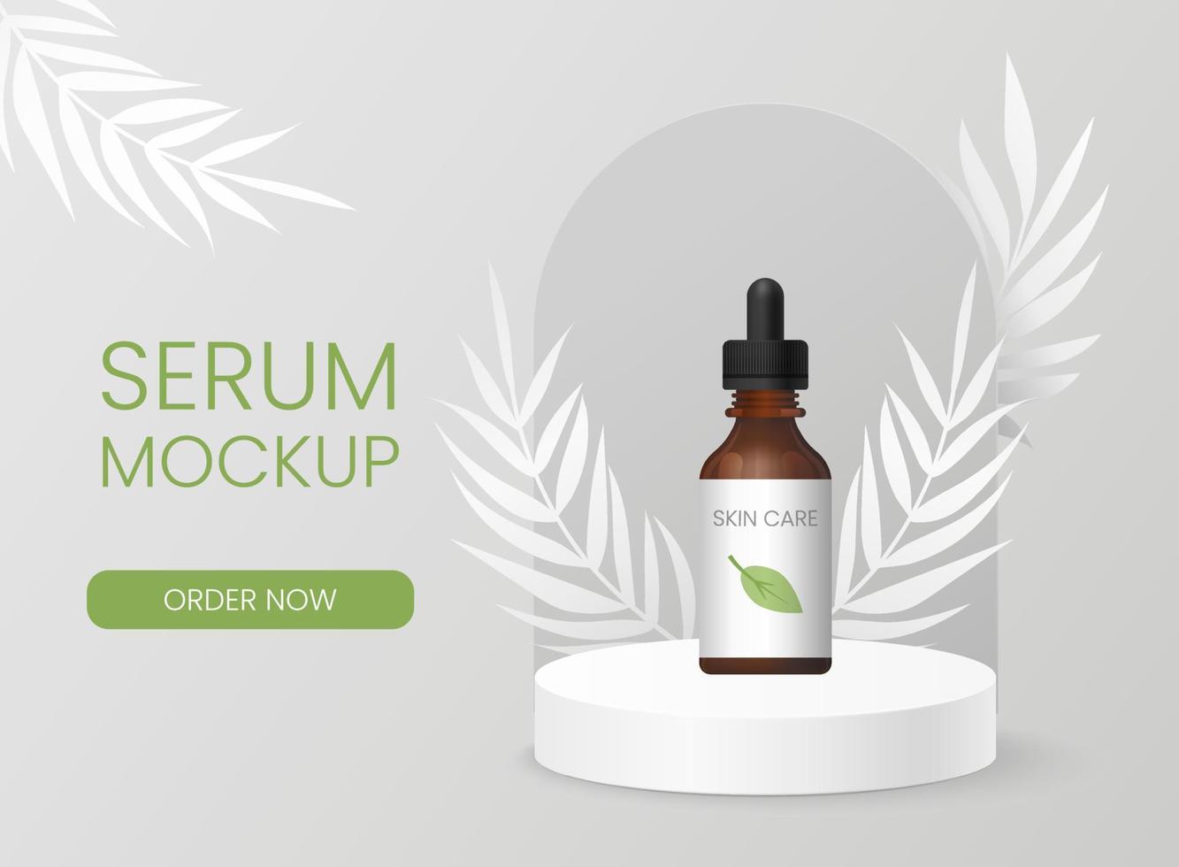 Promotion banner for natural beauty products, skincare mockup with  tropic leaves. Advertising template scene for serum in a brown transparent glass bottle with pipette, essential oil 3d illustration. vector