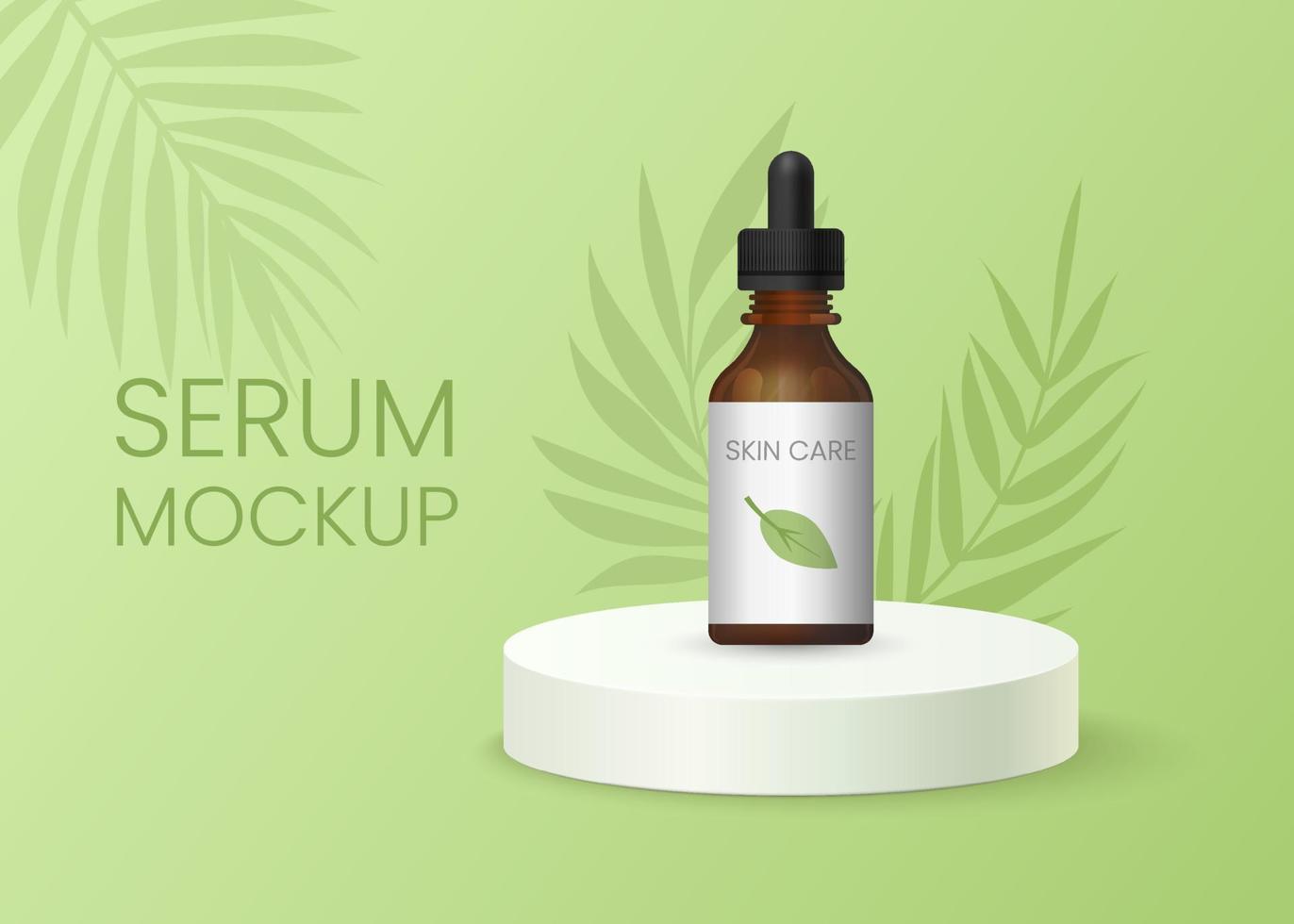 Promotion banner for natural beauty products, skincare mockups with green tropic leaves. Advertising template scene for serum in a brown glass bottle, essential oil 3d illustration. vector