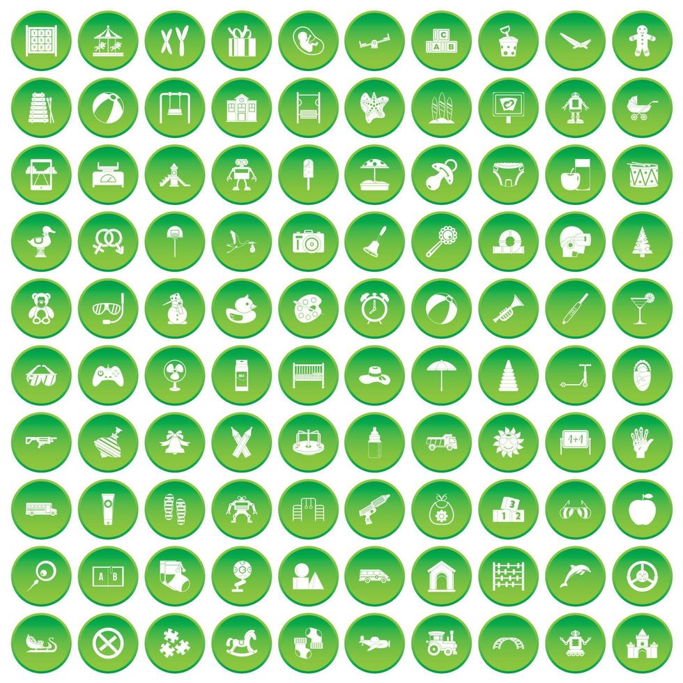 100 childhood icons set green circle vector