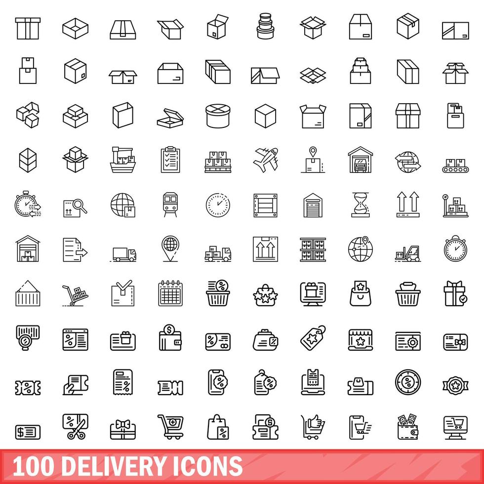 100 delivery icons set, outline style vector