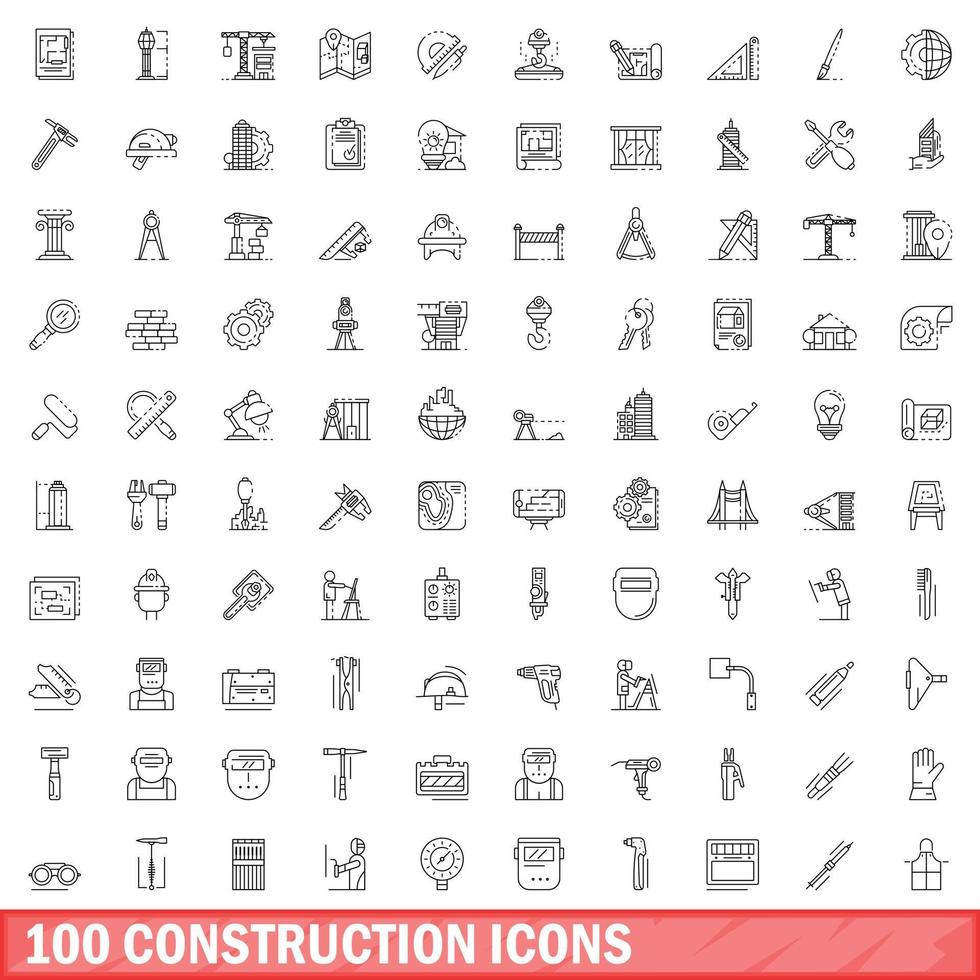 100 construction icons set, outline style vector