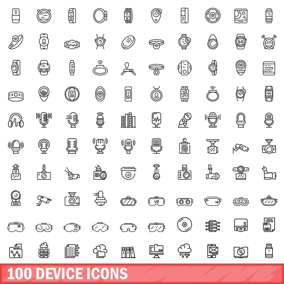 100 device icons set, outline style vector