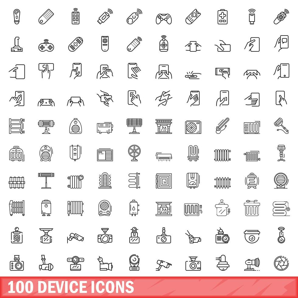 100 device icons set, outline style vector