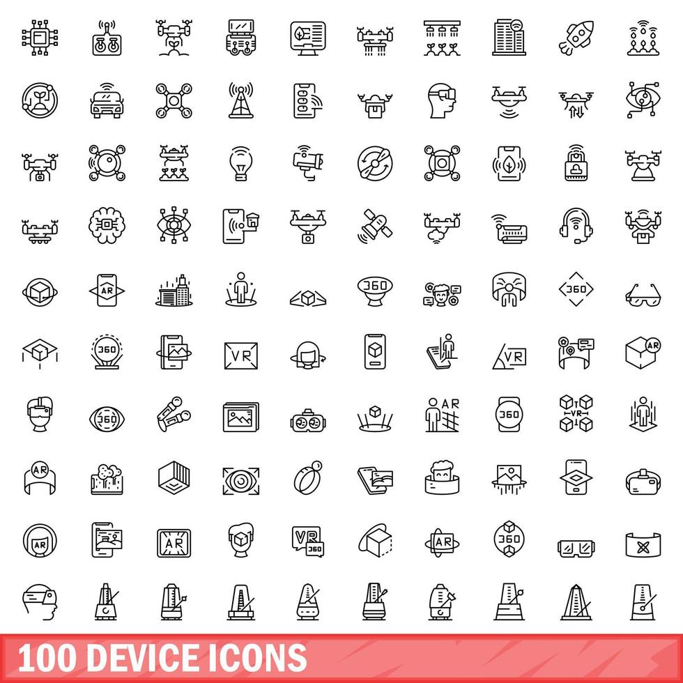 100 device icons set, outline style vector