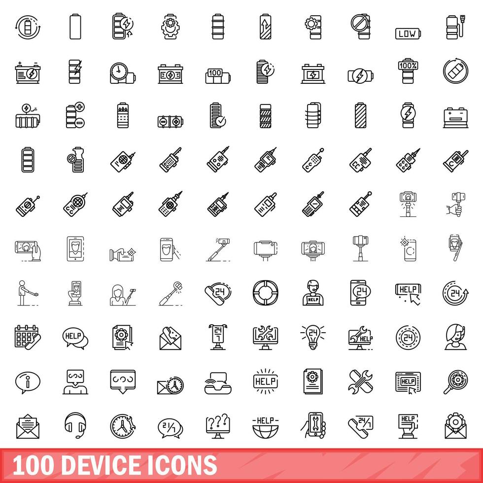 100 device icons set, outline style vector