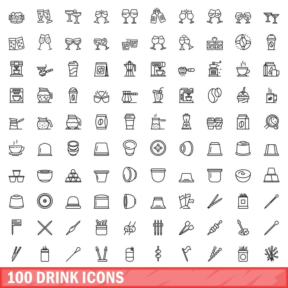 100 iconos de bebida, estilo de esquema vector