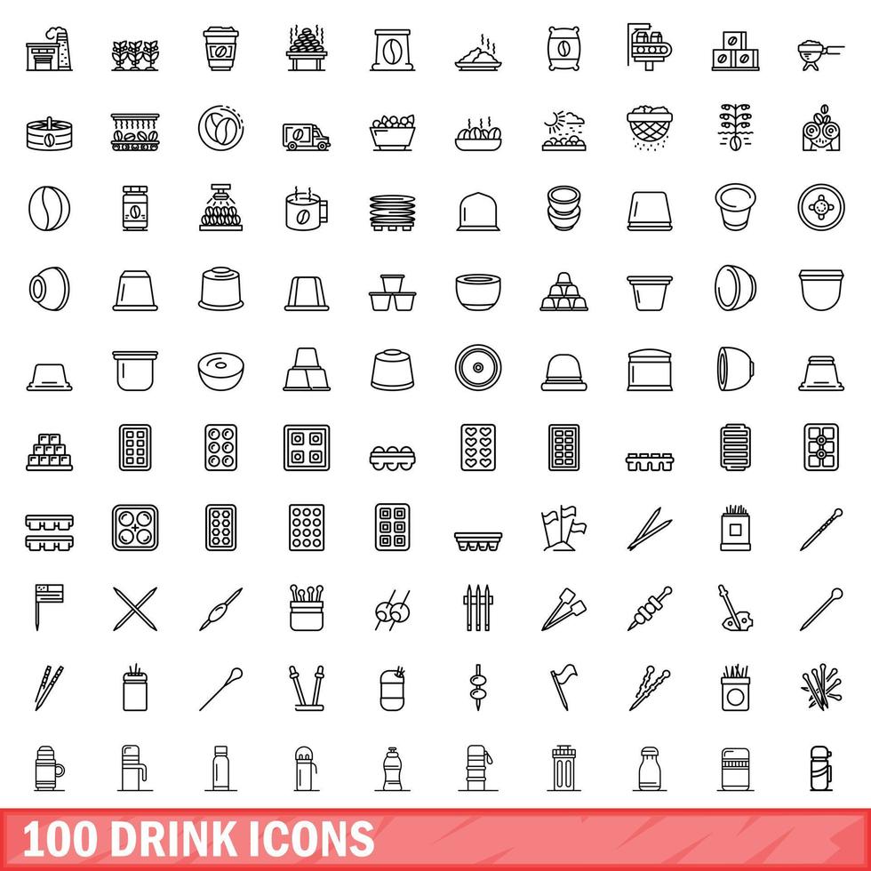 100 drink icons set, outline style vector