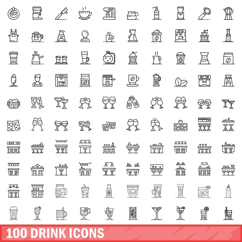 100 drink icons set, outline style vector