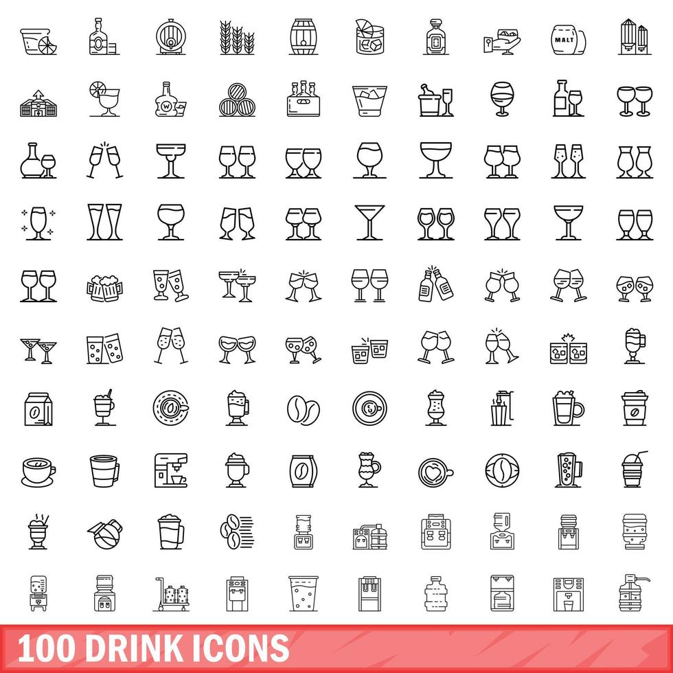 100 iconos de bebida, estilo de esquema vector