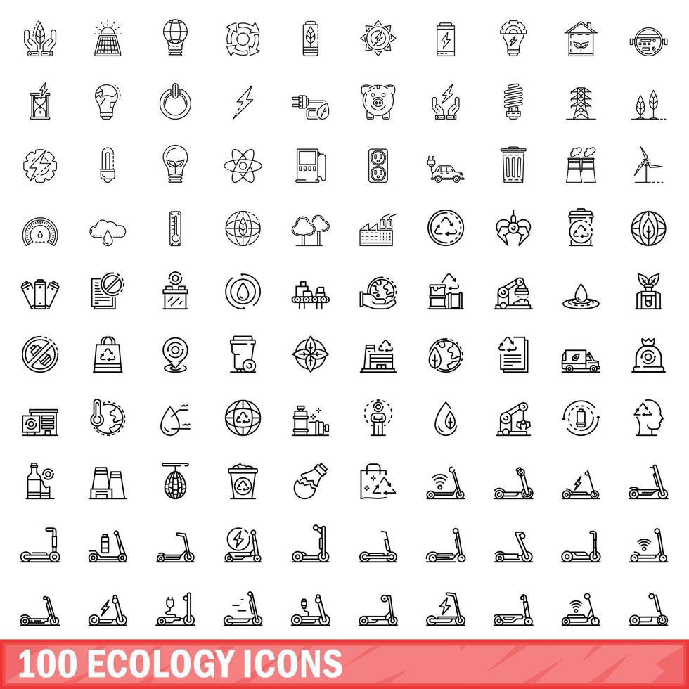 100 ecology icons set, outline style vector