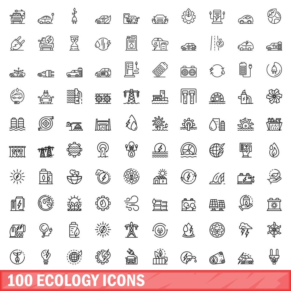 100 iconos de ecología, estilo de esquema vector