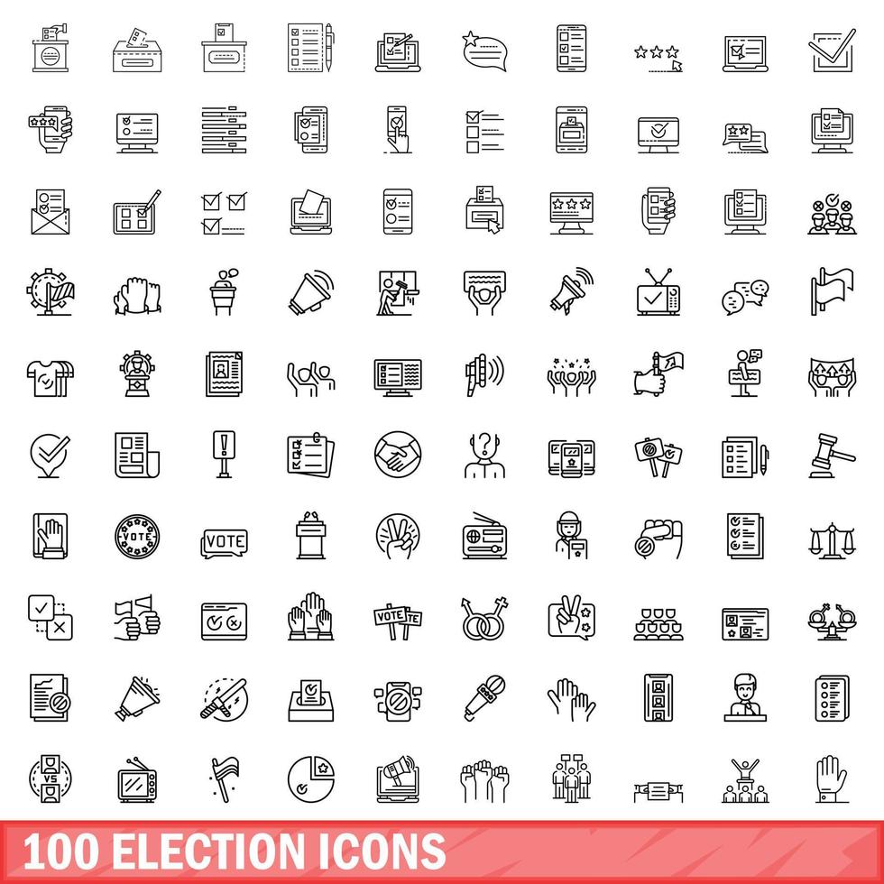 100 conjunto de iconos electorales, estilo de esquema vector