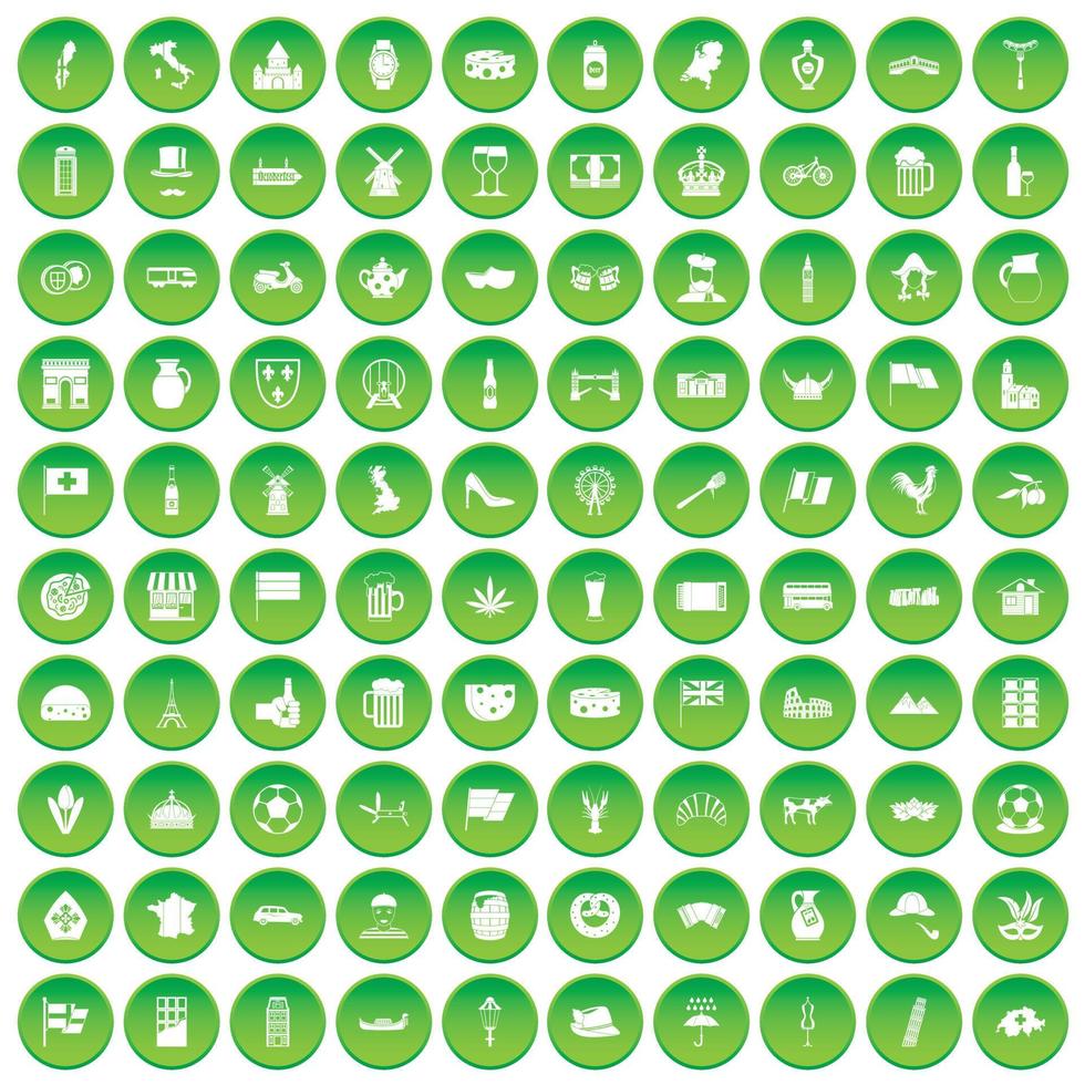 100 iconos de países de Europa establecer círculo verde vector