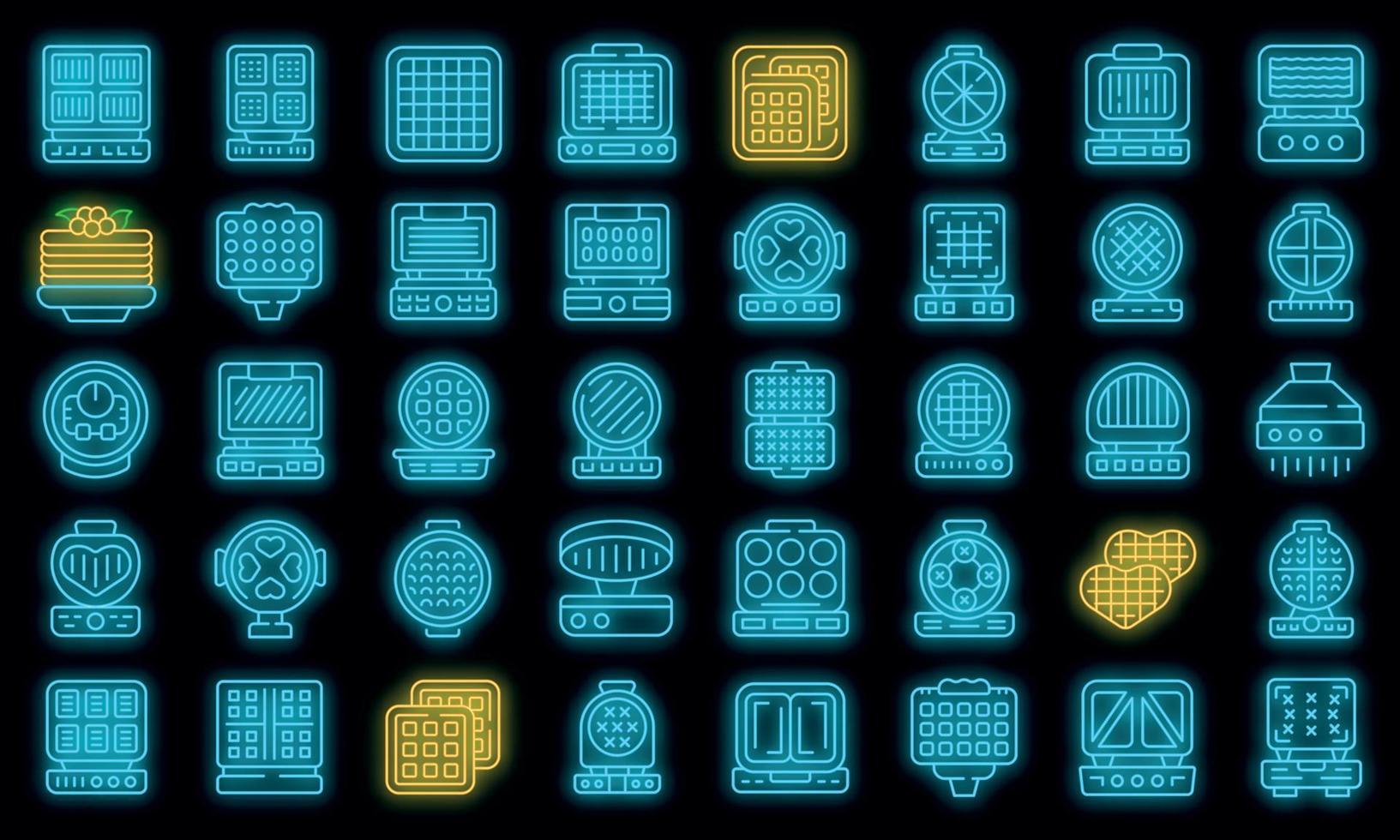 Waffle maker icons set outline vector. Baking pancake vector neon