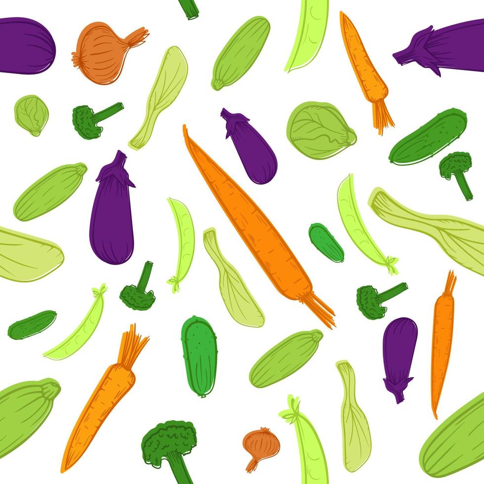 croquis dibujados a mano verduras alimentos saludables. berenjena, zanahoria, calabacín, pepino, patrón sin fisuras de brócoli con fondo blanco vector