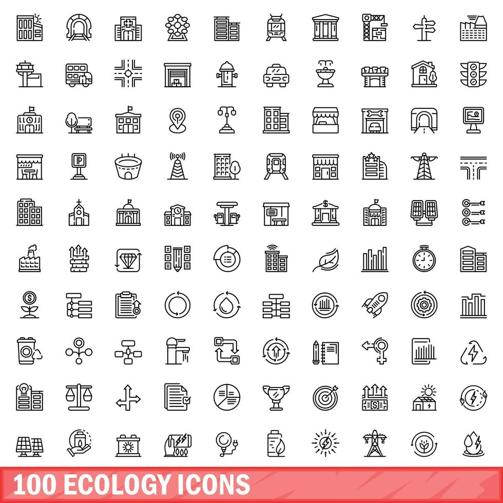 100 ecology icons set, outline style vector