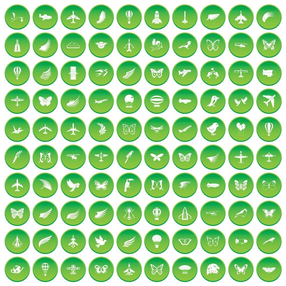 100 fly icons set green circle vector