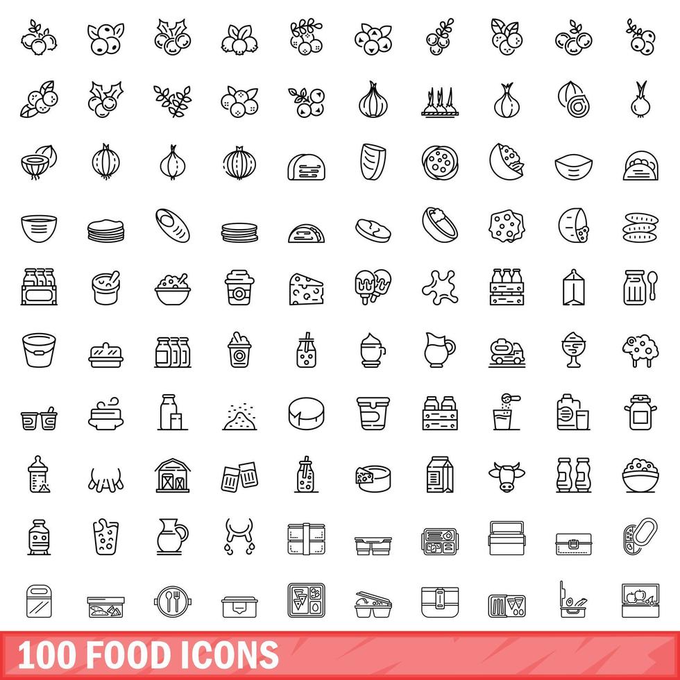 100 food icons set, outline style vector