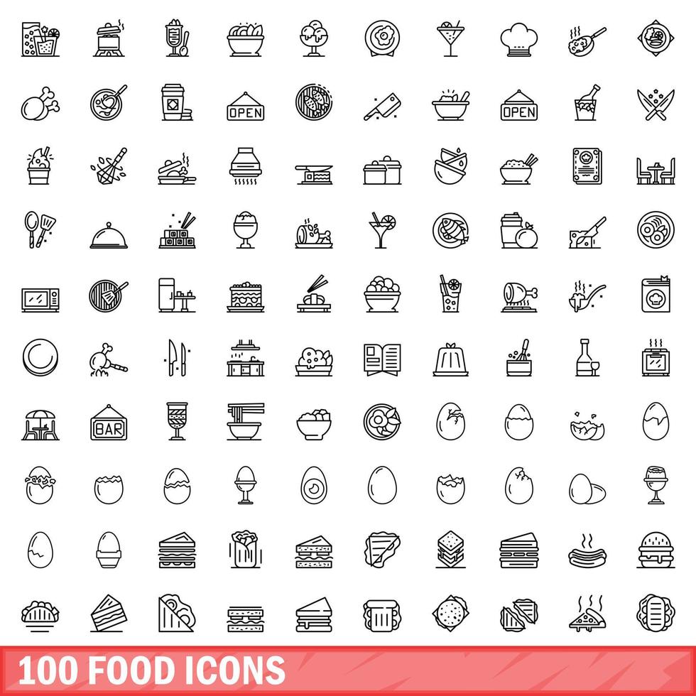 100 iconos de alimentos, estilo de esquema vector