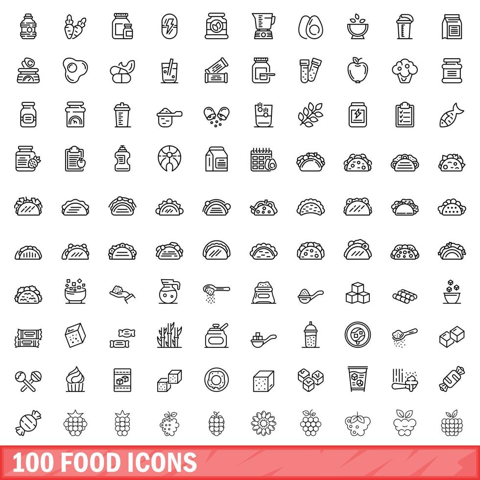 100 food icons set, outline style vector