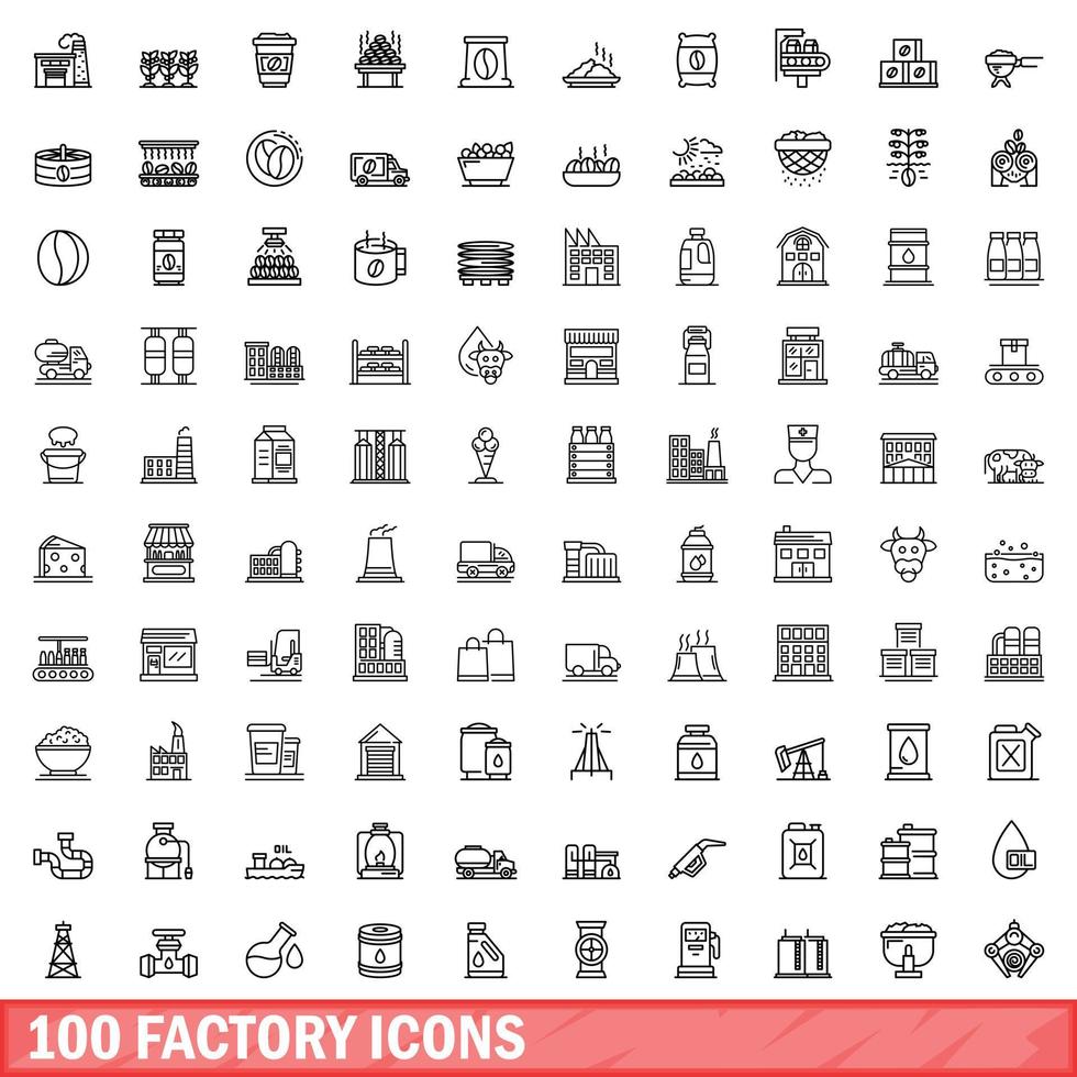 100 factory icons set, outline style vector