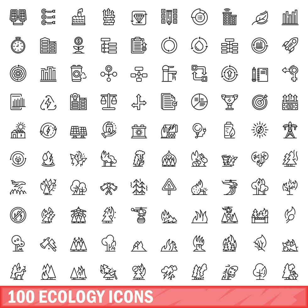 100 iconos de ecología, estilo de esquema vector