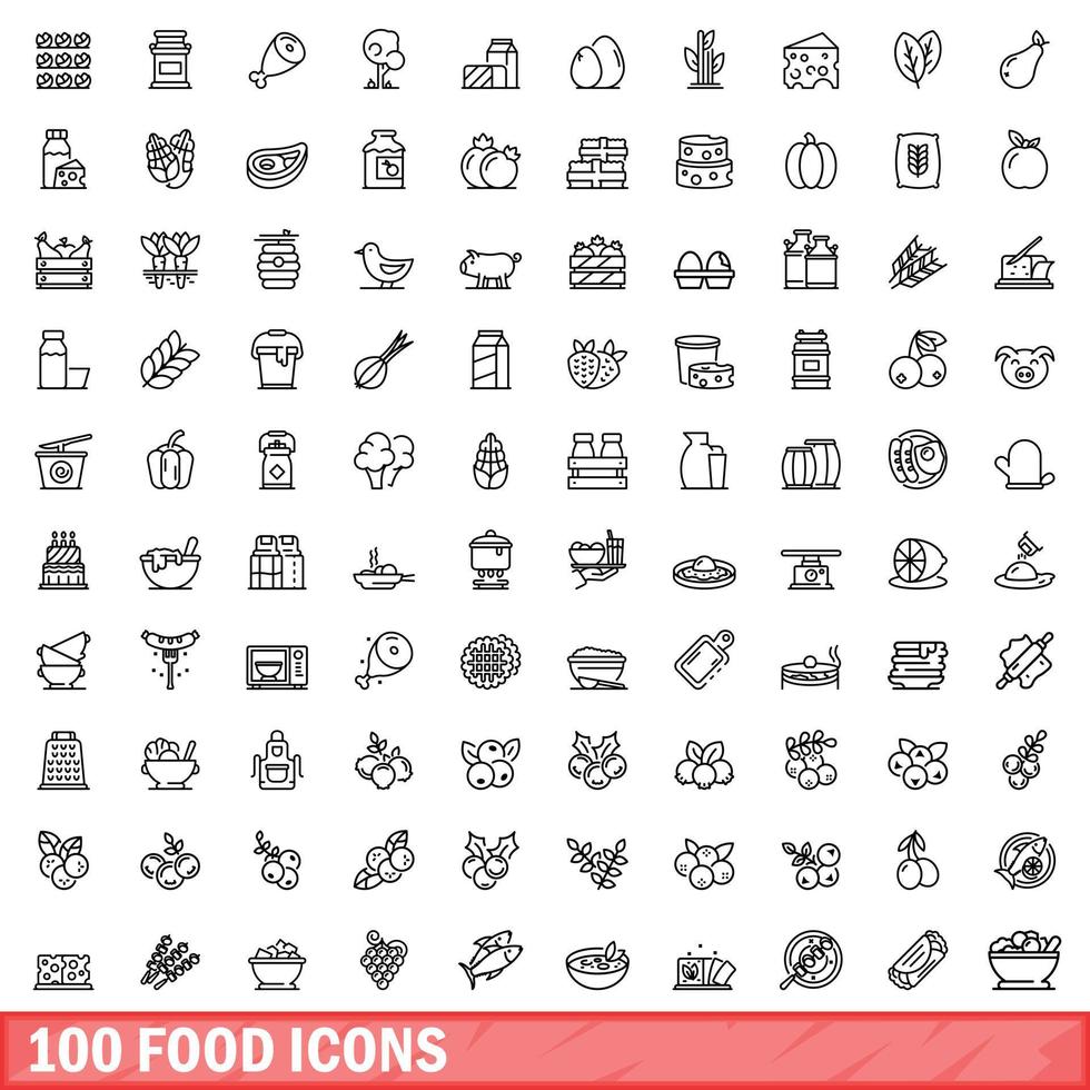 100 iconos de alimentos, estilo de esquema vector