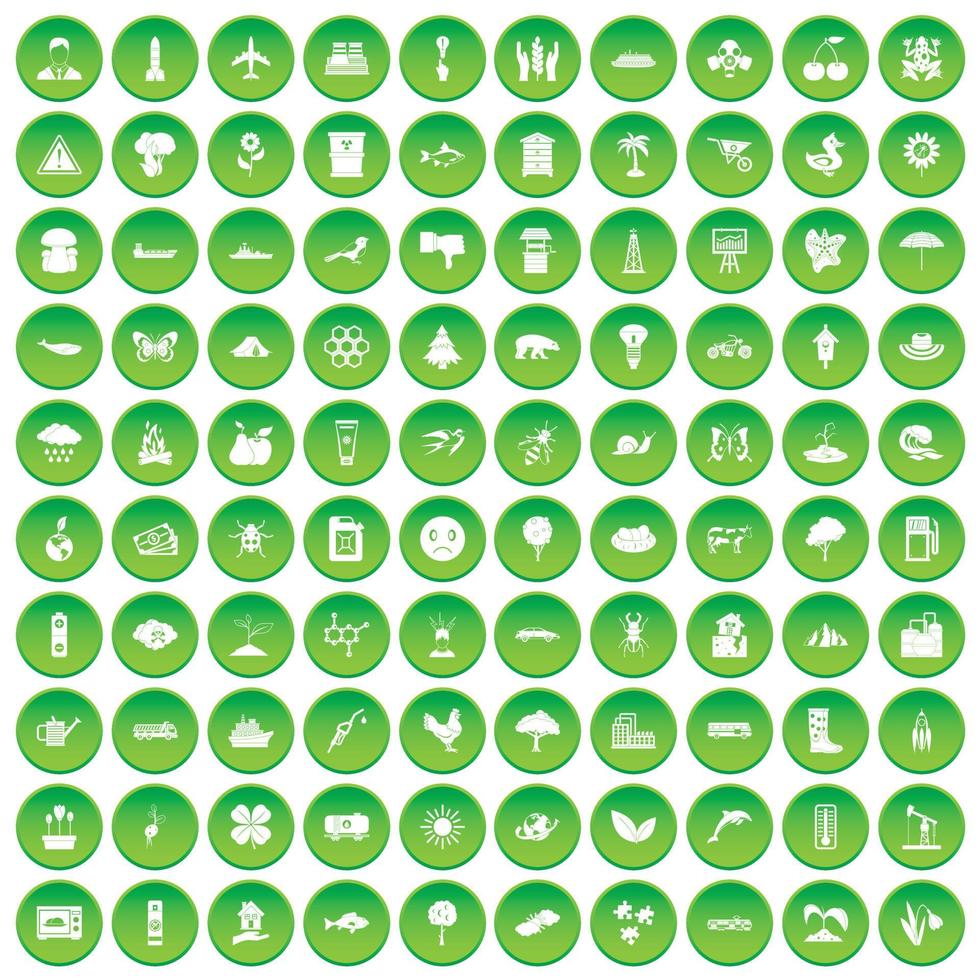 100 global warming icons set green circle vector