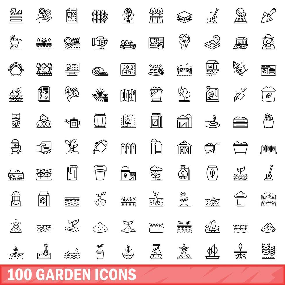 100 iconos de jardín, estilo de esquema vector