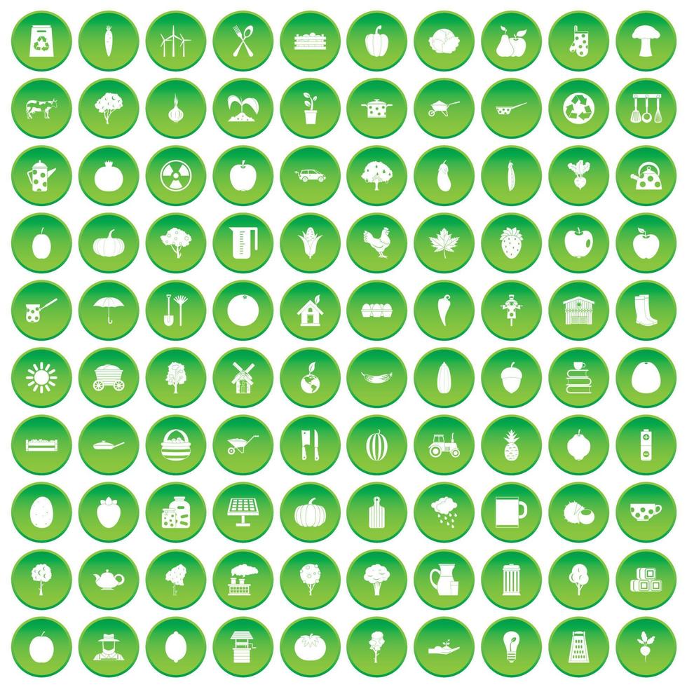 100 health food icons set green circle vector