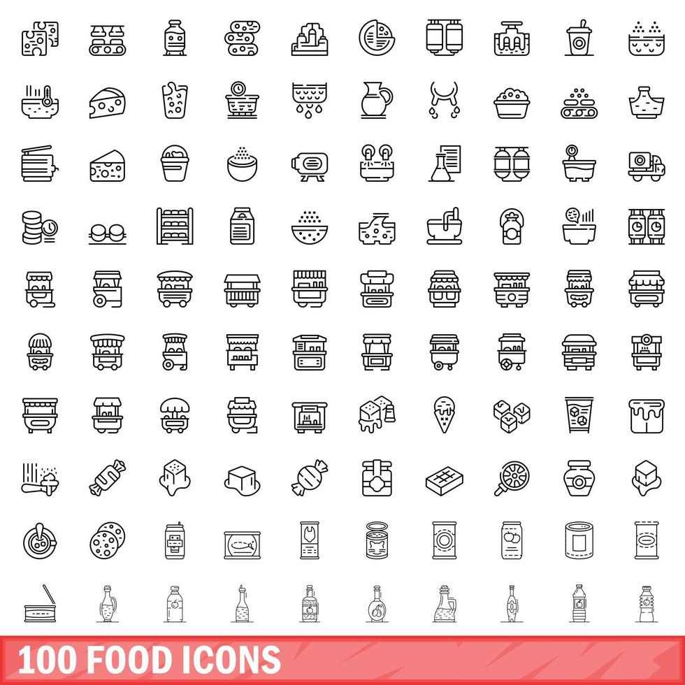 100 food icons set, outline style vector