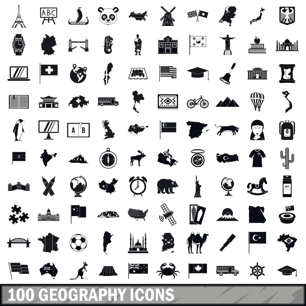 100 geography icons set, simple style vector