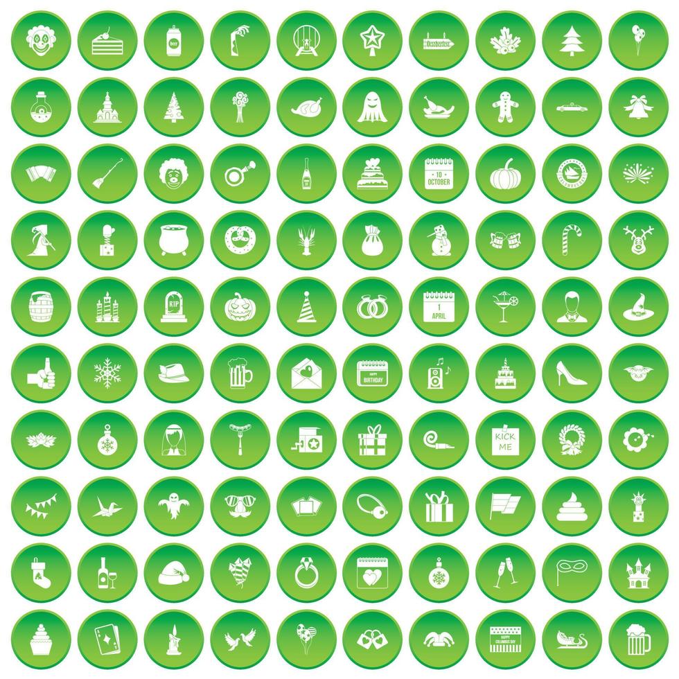 100 iconos de vacaciones establecer círculo verde vector