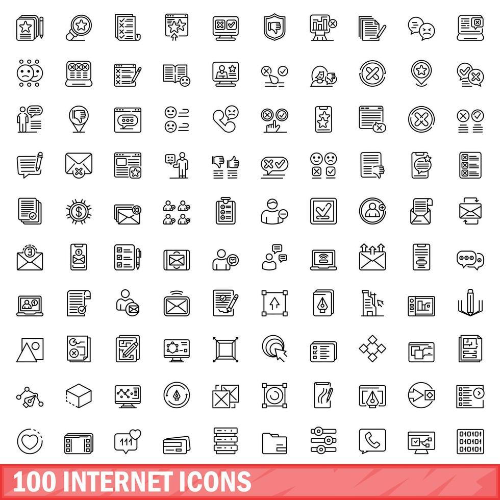 100 internet icons set, outline style vector