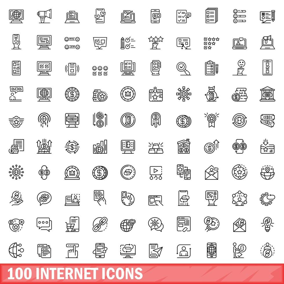 100 internet icons set, outline style vector