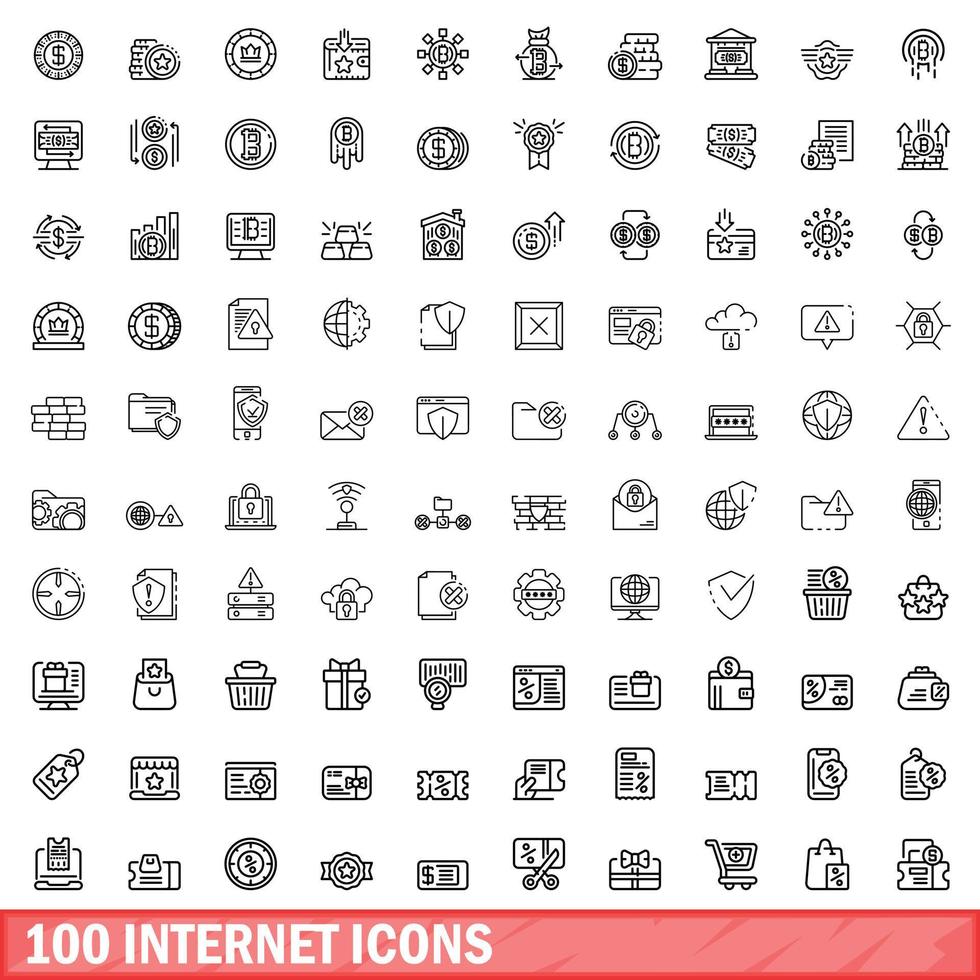 100 internet icons set, outline style vector