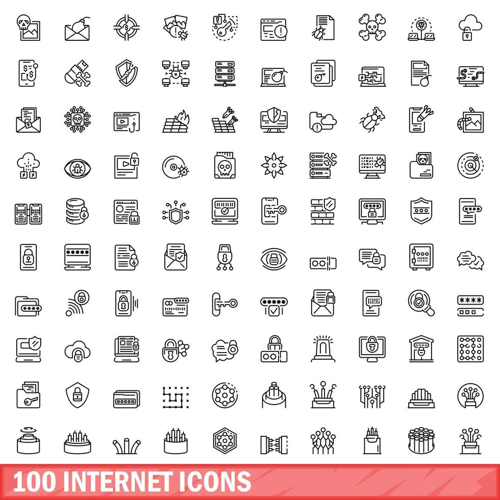 100 internet icons set, outline style vector
