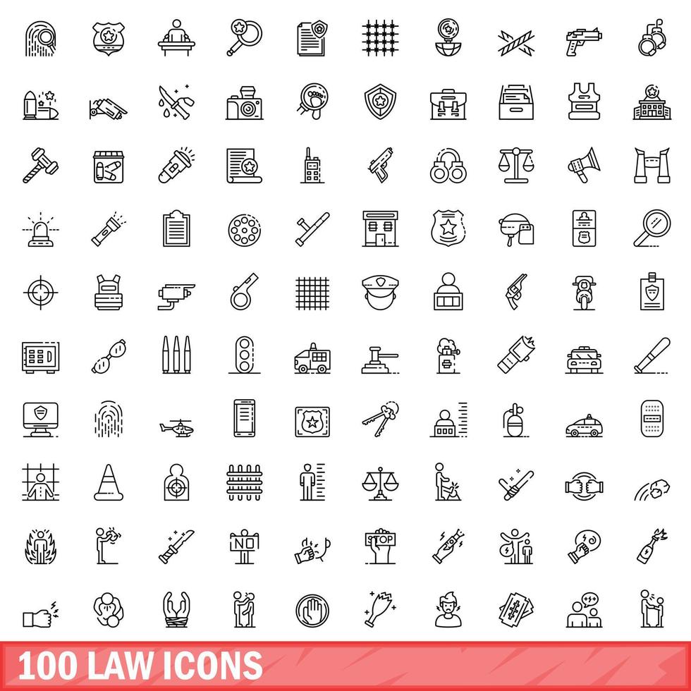 100 law icons set, outline style vector