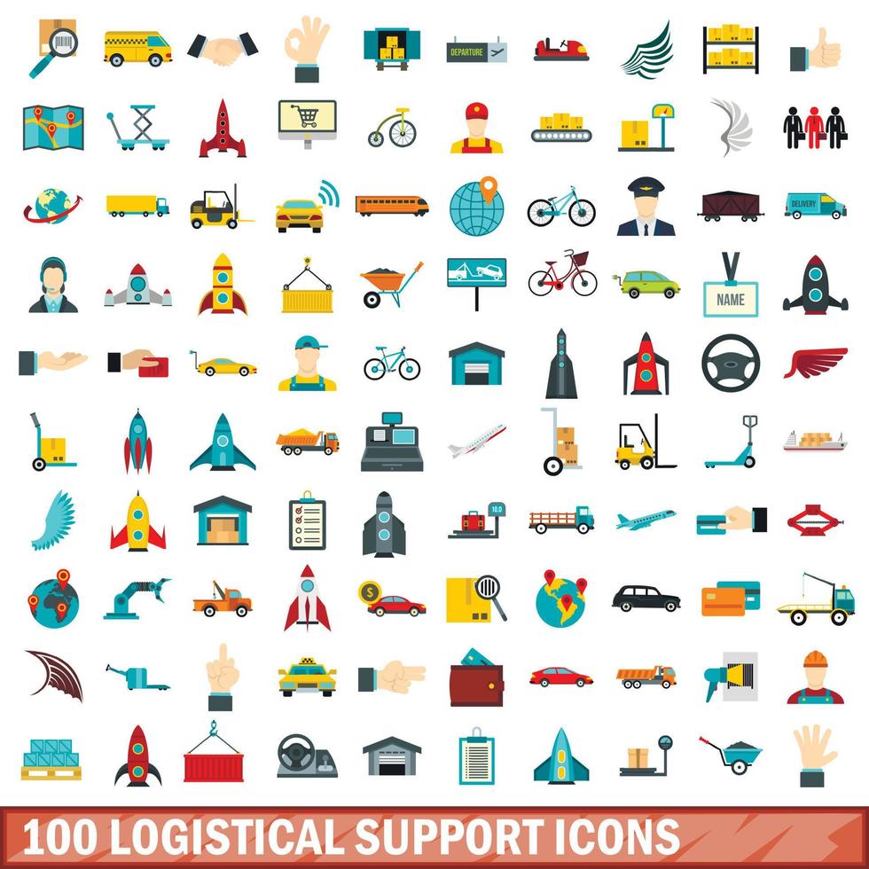 100 logistical support icons set, flat style vector