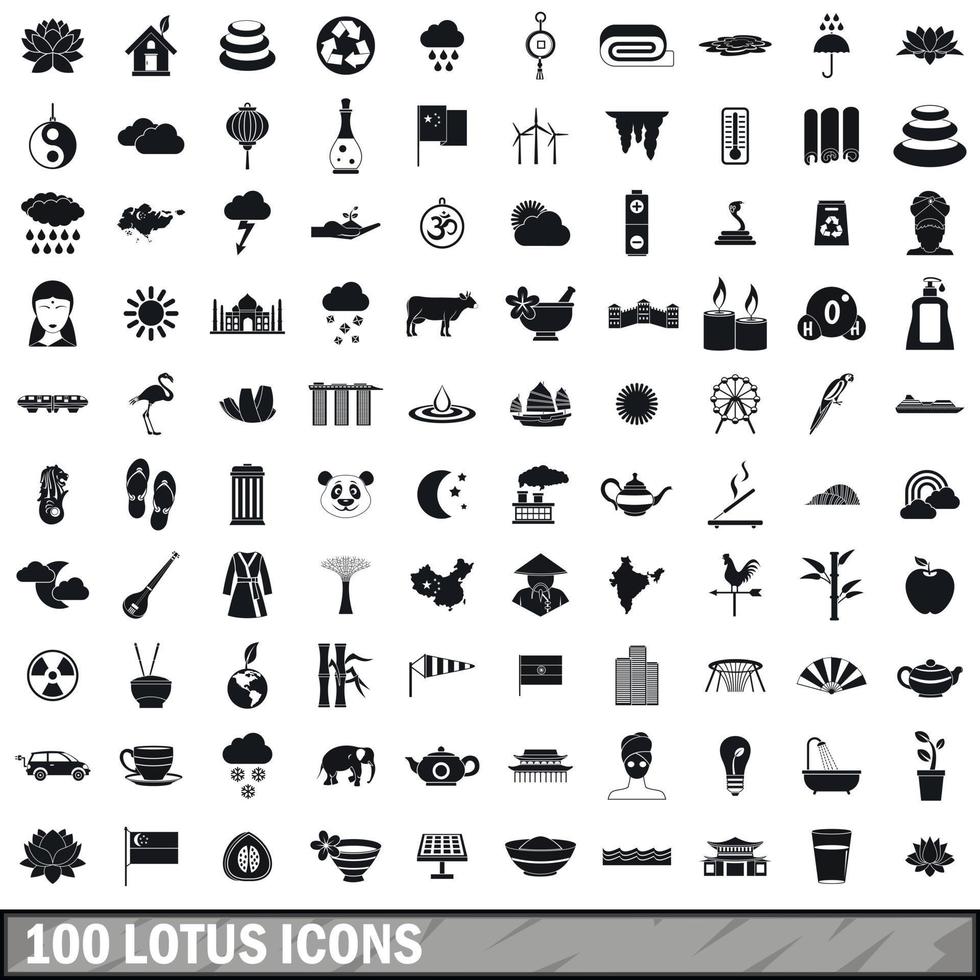 100 lotus icons set, simple style vector