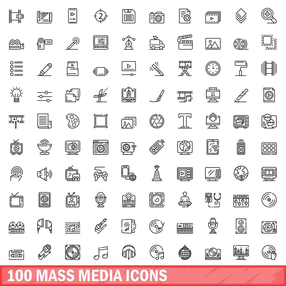 100 mass media icons set, outline style vector
