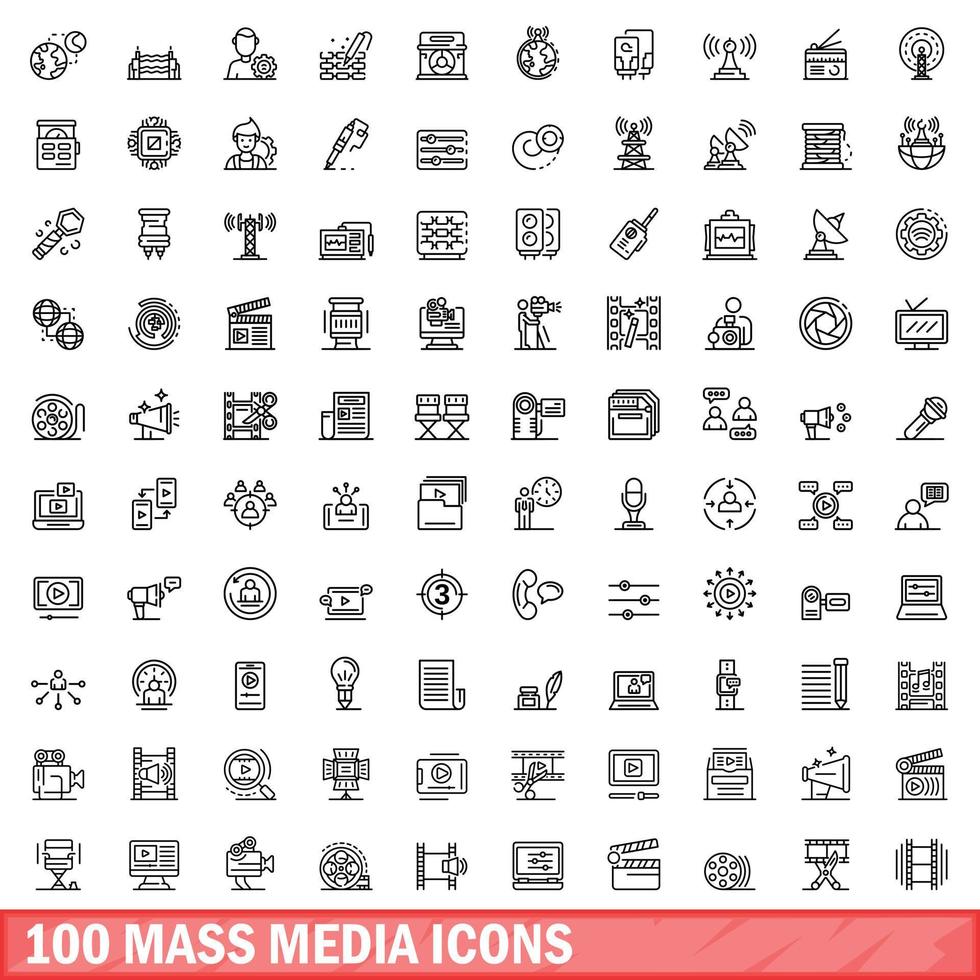 100 mass media icons set, outline style vector