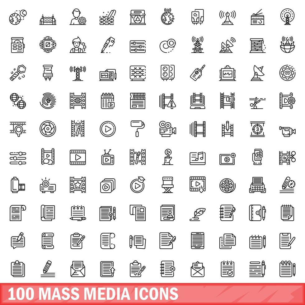 100 mass media icons set, outline style vector