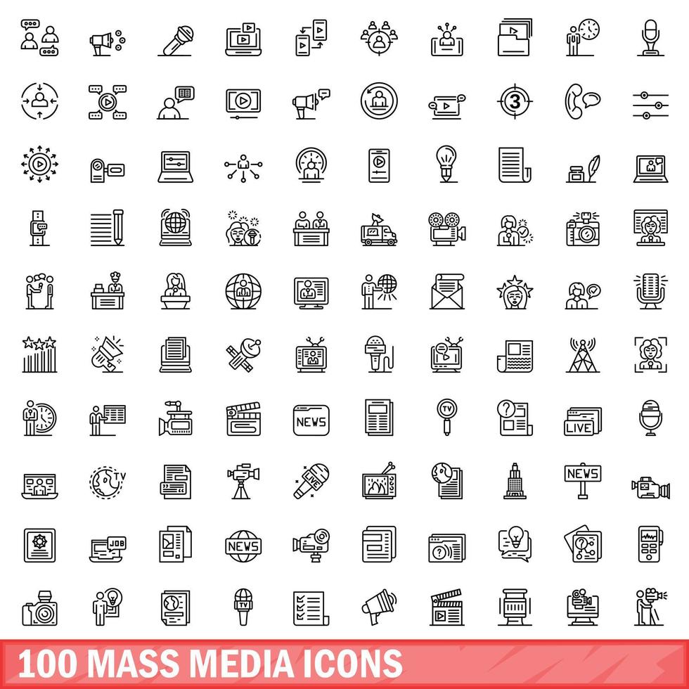 100 mass media icons set, outline style vector