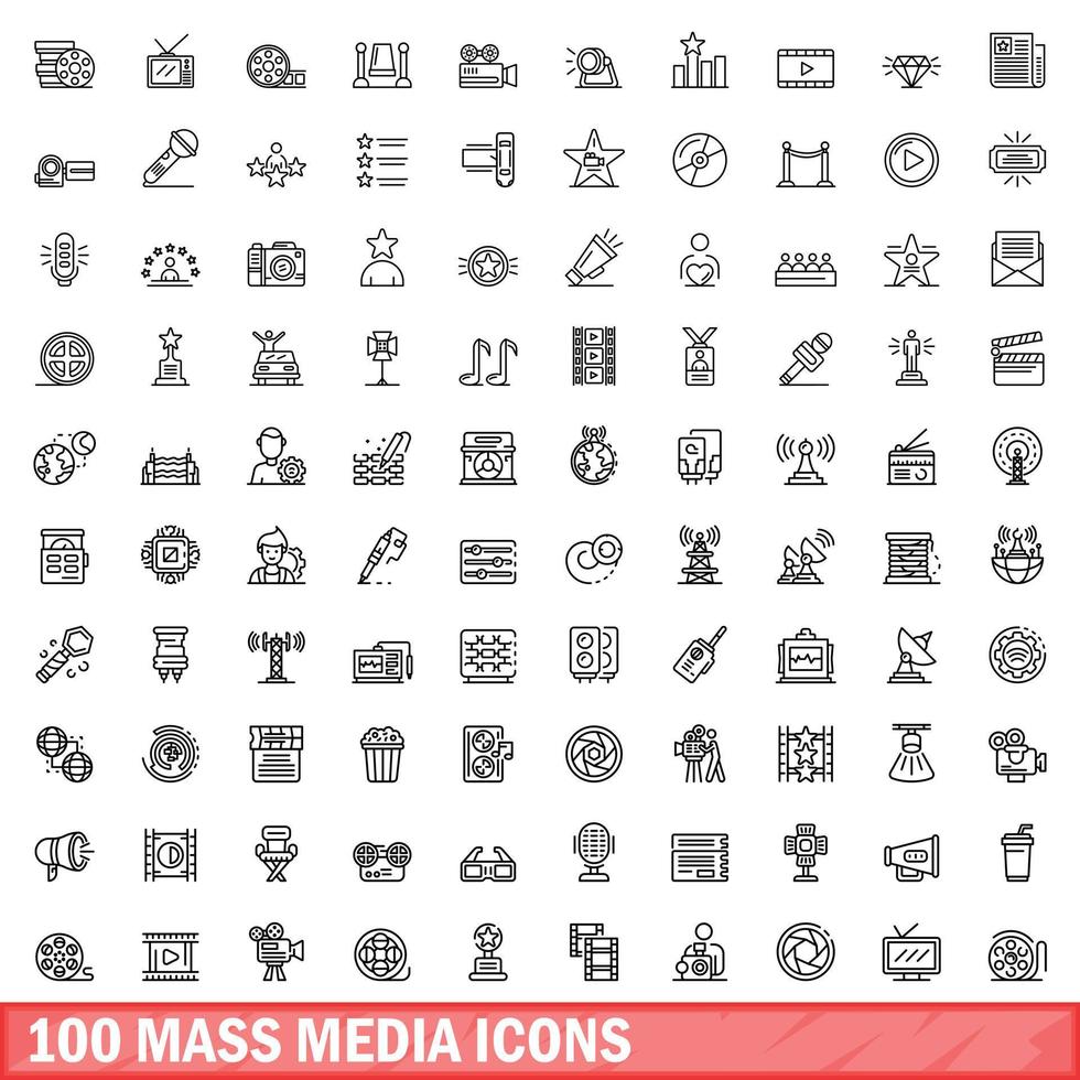 100 mass media icons set, outline style vector