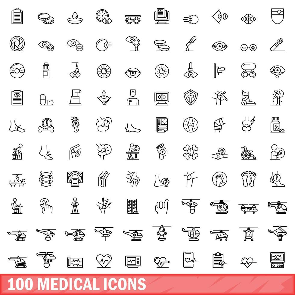 100 medical icons set, outline style vector