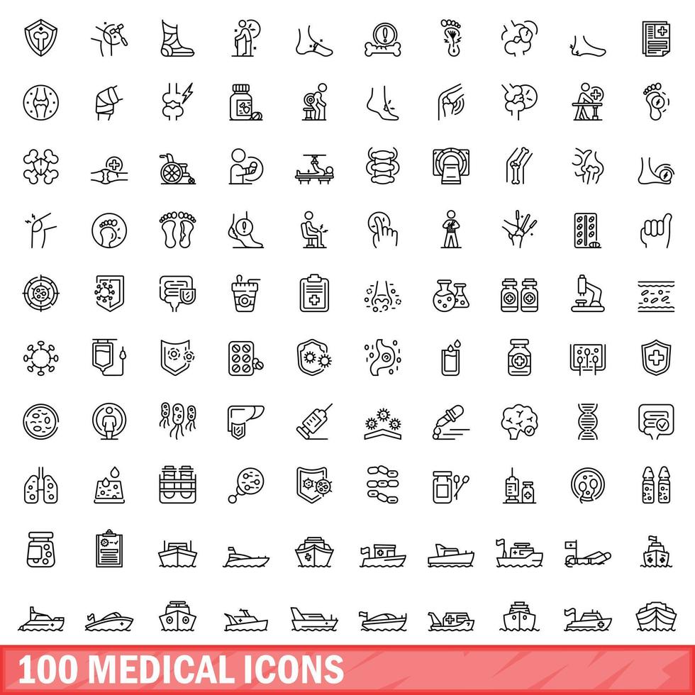 100 medical icons set, outline style vector