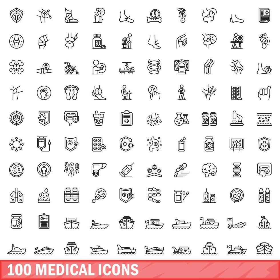 100 iconos médicos establecidos, estilo de contorno vector